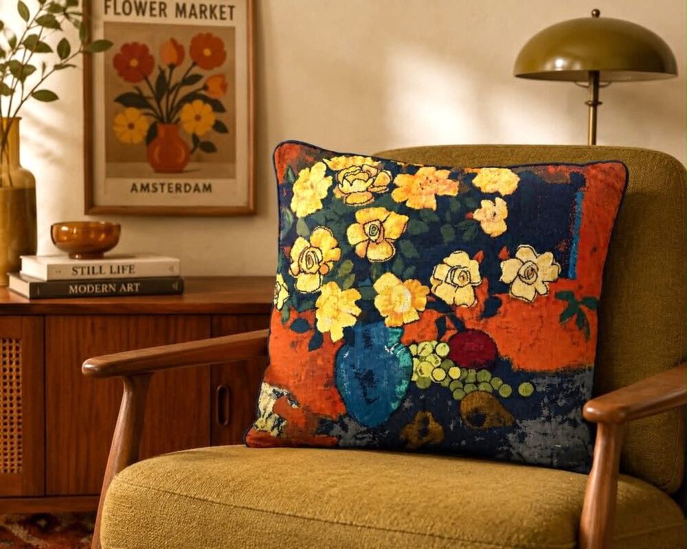 Vtg Signed Floral Tapestry Pillow Cover Art Cushion Yellow Flowers Still Life